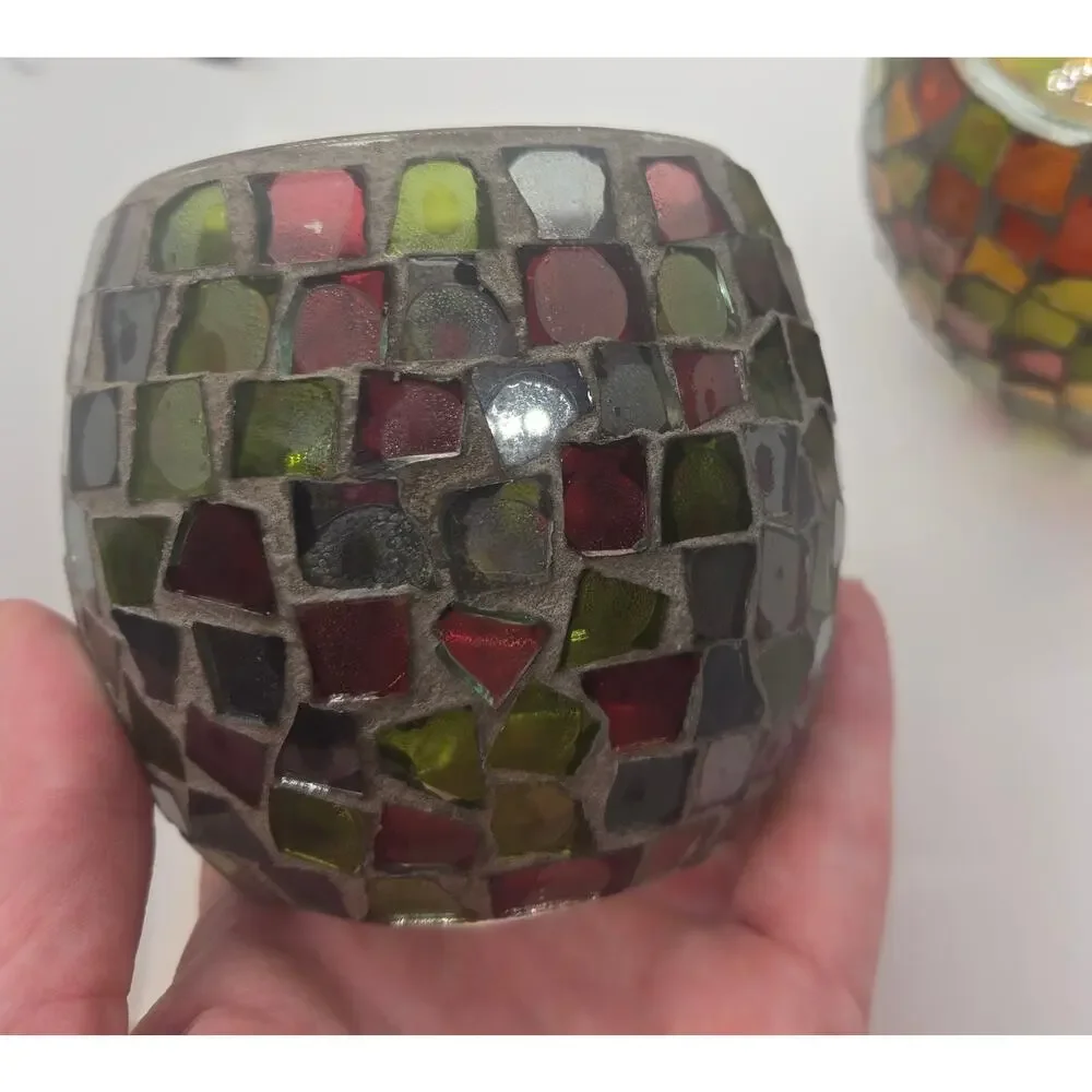 Set of 2 Multicolor Glass Votive Candle Holders Mosaic Round Colorful Boho Decor